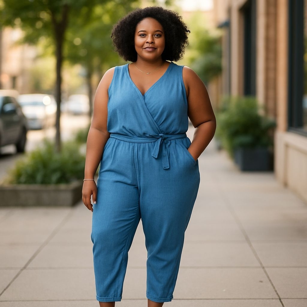 Colleen Lopez Blue Sleeveless Jumpsuit with V-Neck and Straight Legs